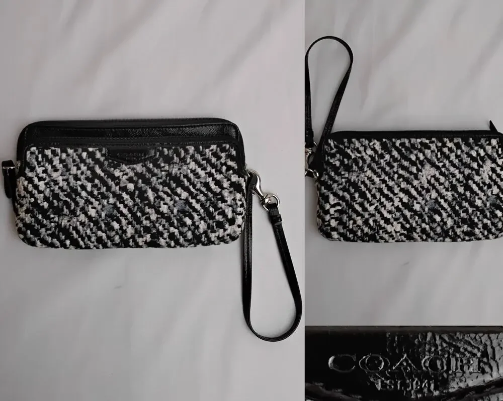 Coach Donegal Double Zip Medium Wristlet Black/White Leather Trim #J5867